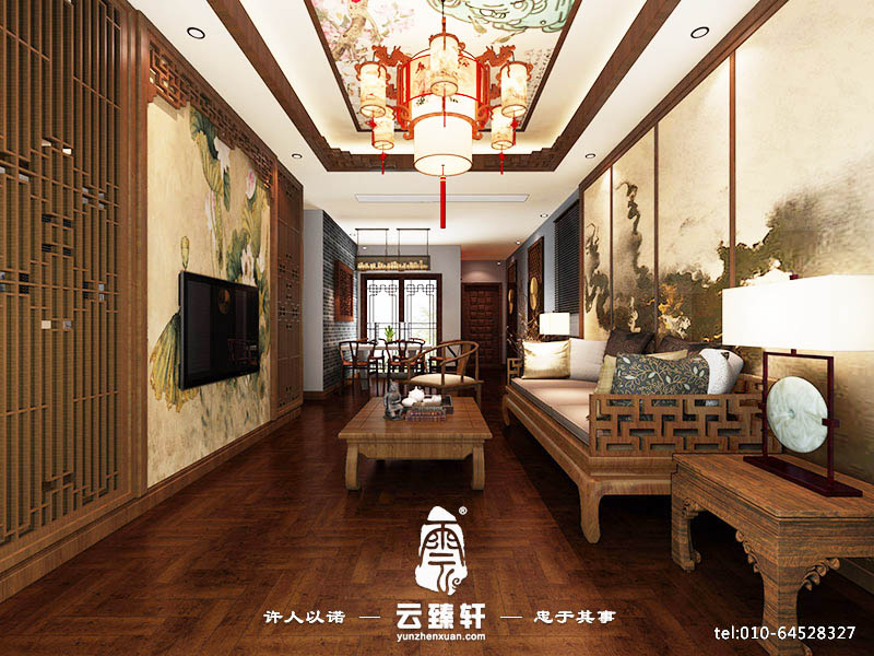 中式客廳鏤空木格紋背景墻裝修設(shè)計