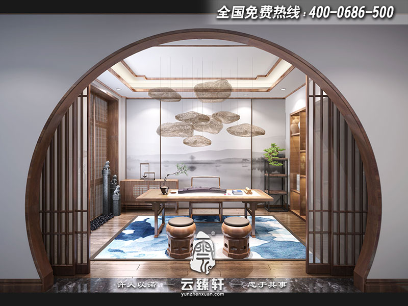 圓光罩形式的中式別墅書房設(shè)計效果圖