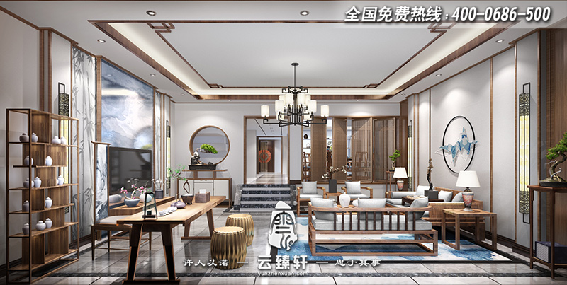 南京別墅極簡約中式客廳設(shè)計效果圖